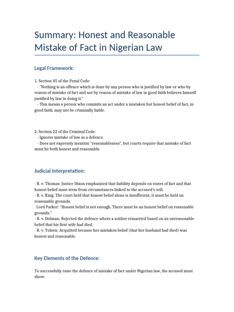 Nigerian Law: Honest Mistake of Fact | PDF