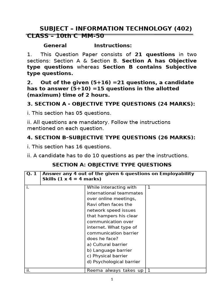 Class 10 IT Exam Question Paper | PDF