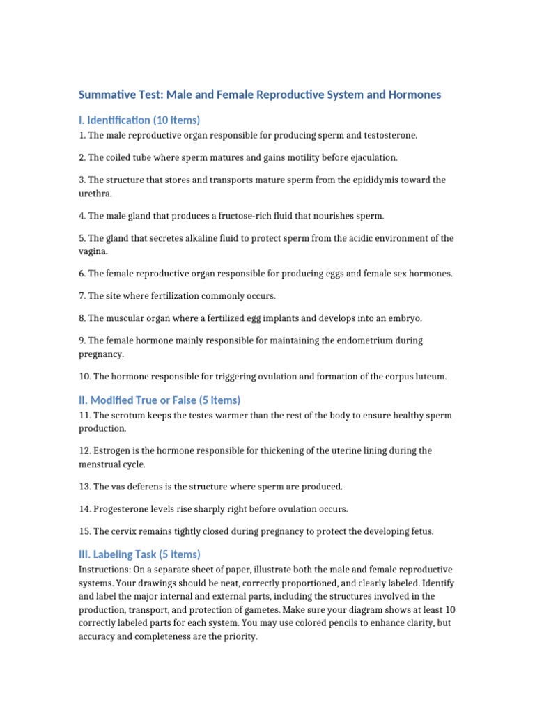 Summative Test Reproductive System | PDF | Reproductive System | Sexual ...