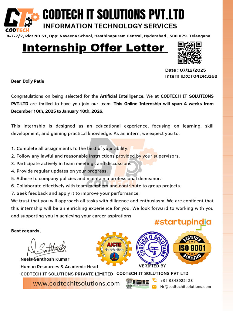 CODTECH AI Internship Offer Letter | PDF