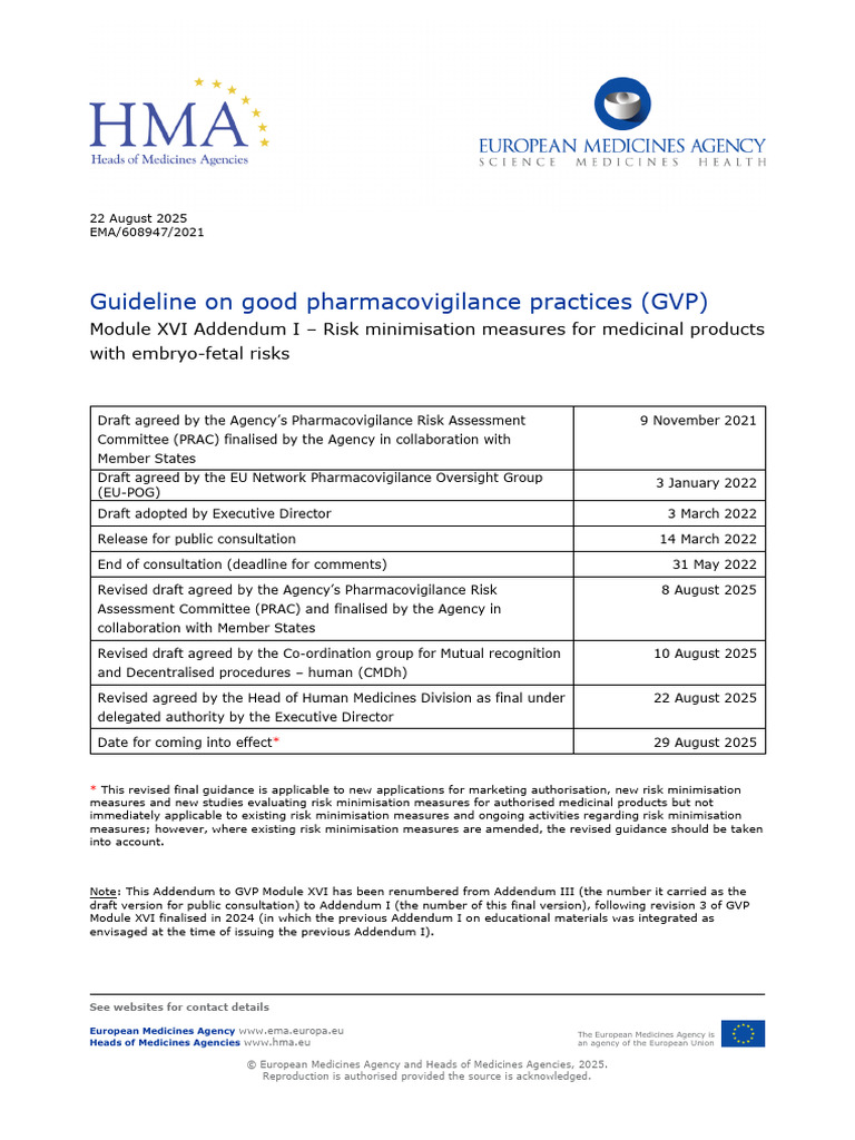 Guideline Good Pharmacovigilance Practices GVP Module Xvi Addendum I ...