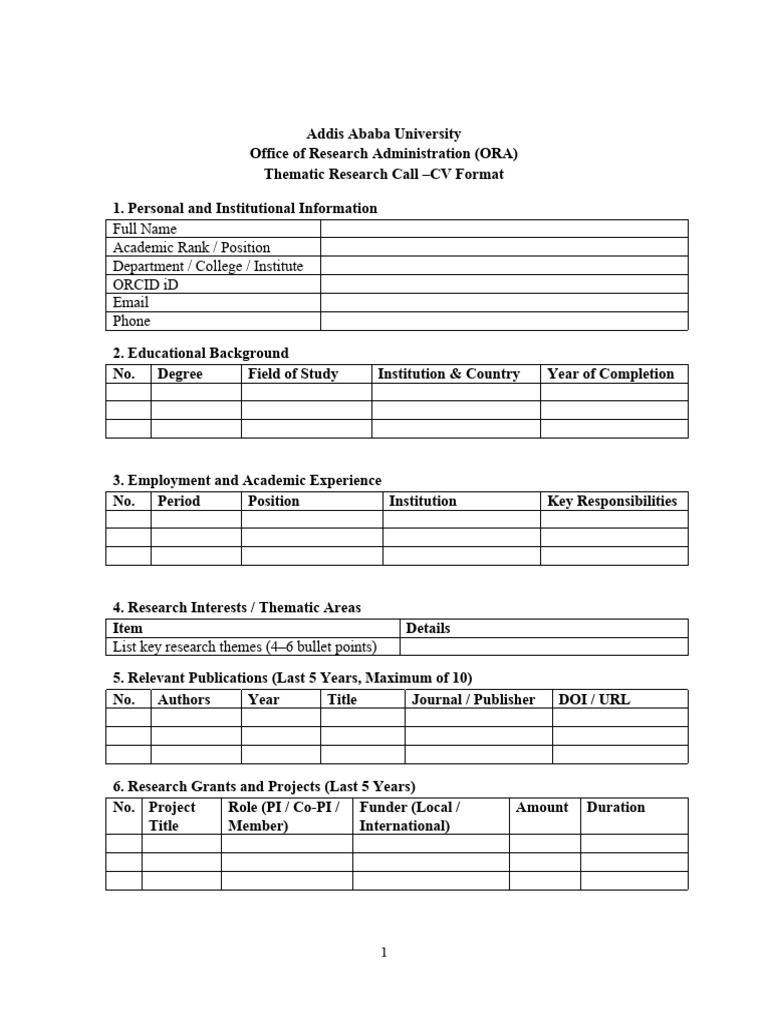 CV Format for Research Call Submission | PDF