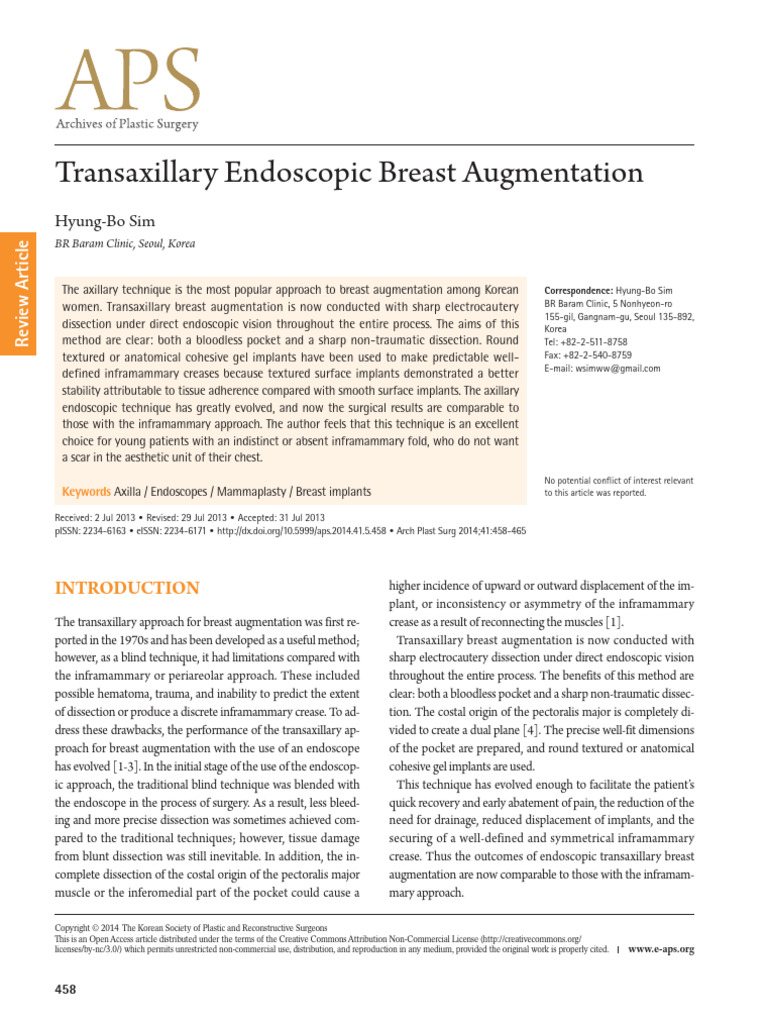 Endoscopic Transaxillary Breast Augmentation | PDF | Breast | Medical ...