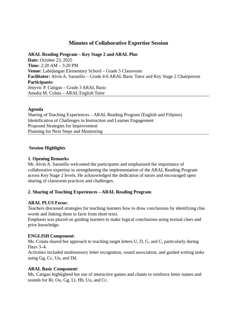 ARAL Reading Program Session Minutes | PDF | Pedagogy | Education Theory