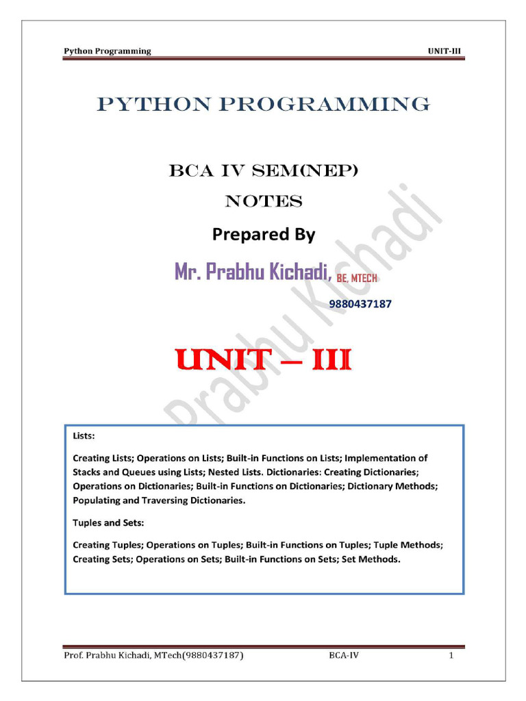 Python Unit 3 - Prof. Prabhu Kichadi | PDF