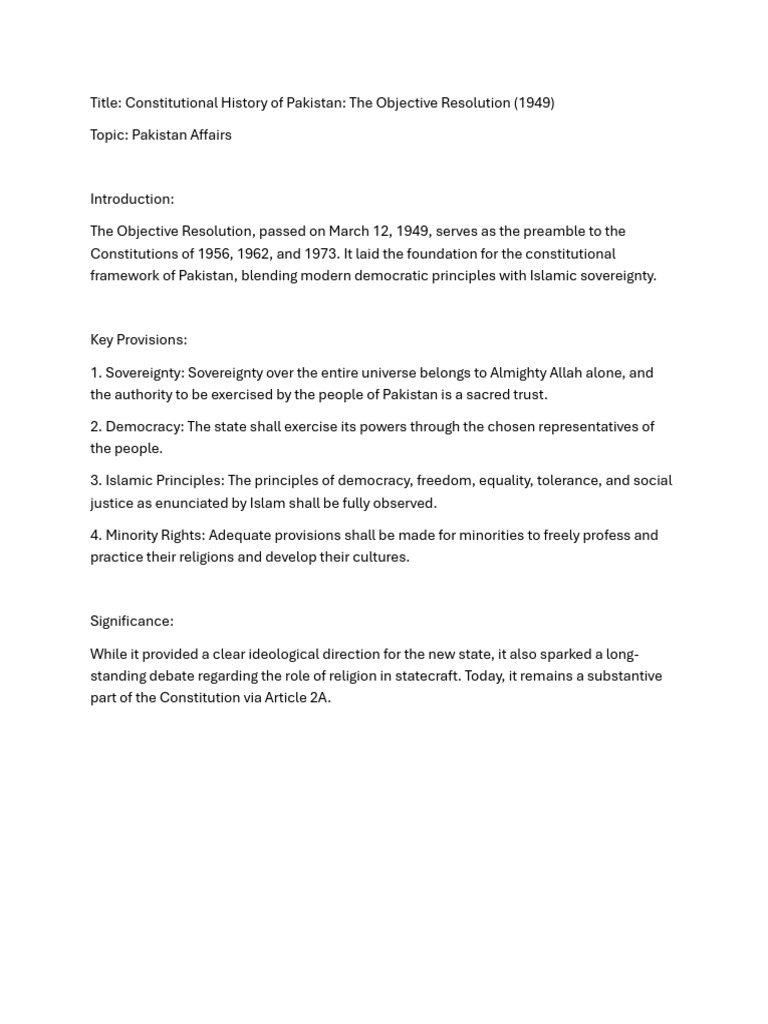 Constitutional History of Pakistan, The Objective Resolution (1949) | PDF