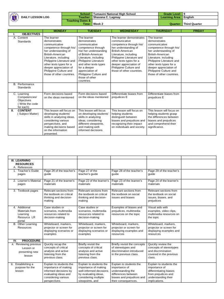 Grade 9 English Daily Lesson Plan | PDF | Bias | Decision Making