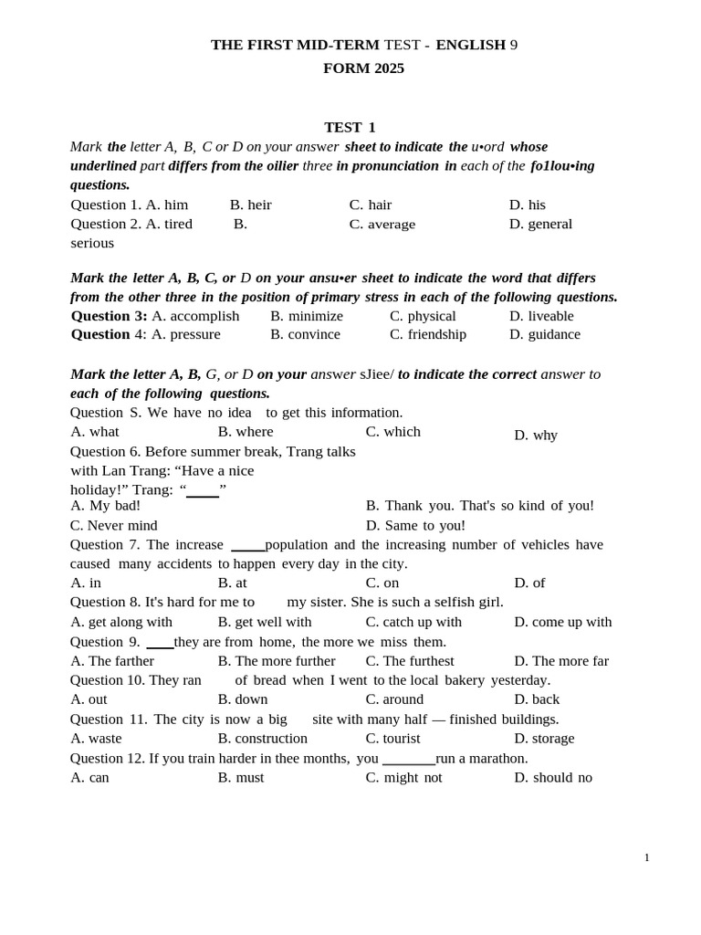 English 9 Mid-Term Test 2025 | PDF | Amish
