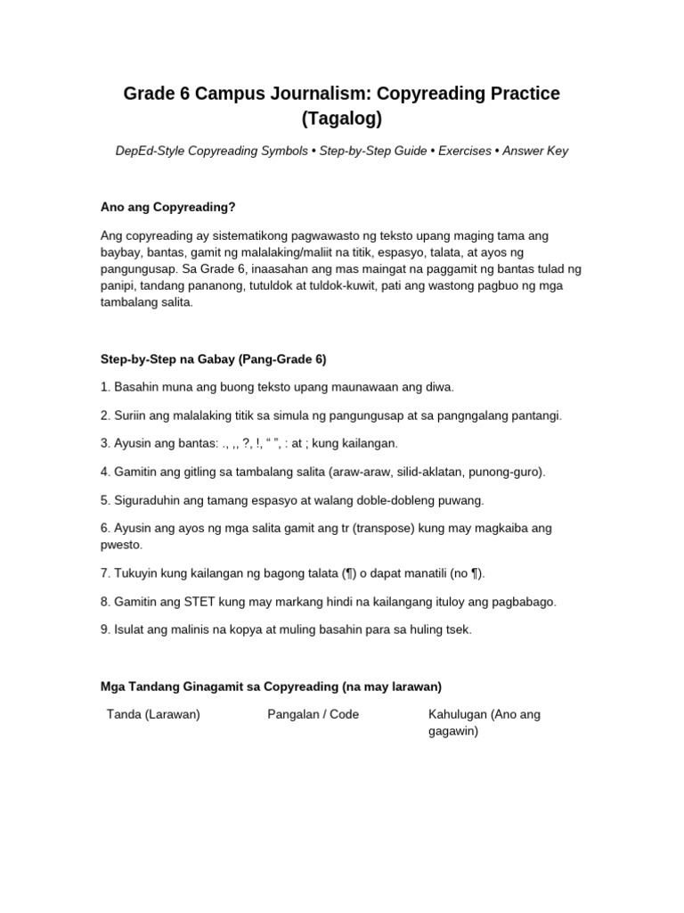 Grade6 Copyreading Practice Tagalog DepEd | PDF