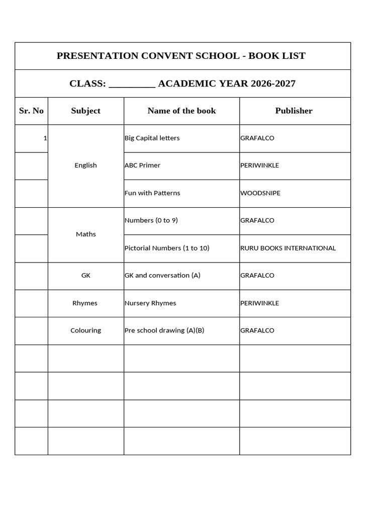Presentation Convent School Book List 2026-27 | PDF | Yoga | Hatha Yoga