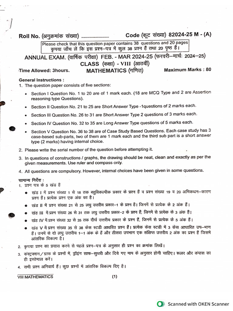 Grade 8 Maths QP 2024-25 | PDF