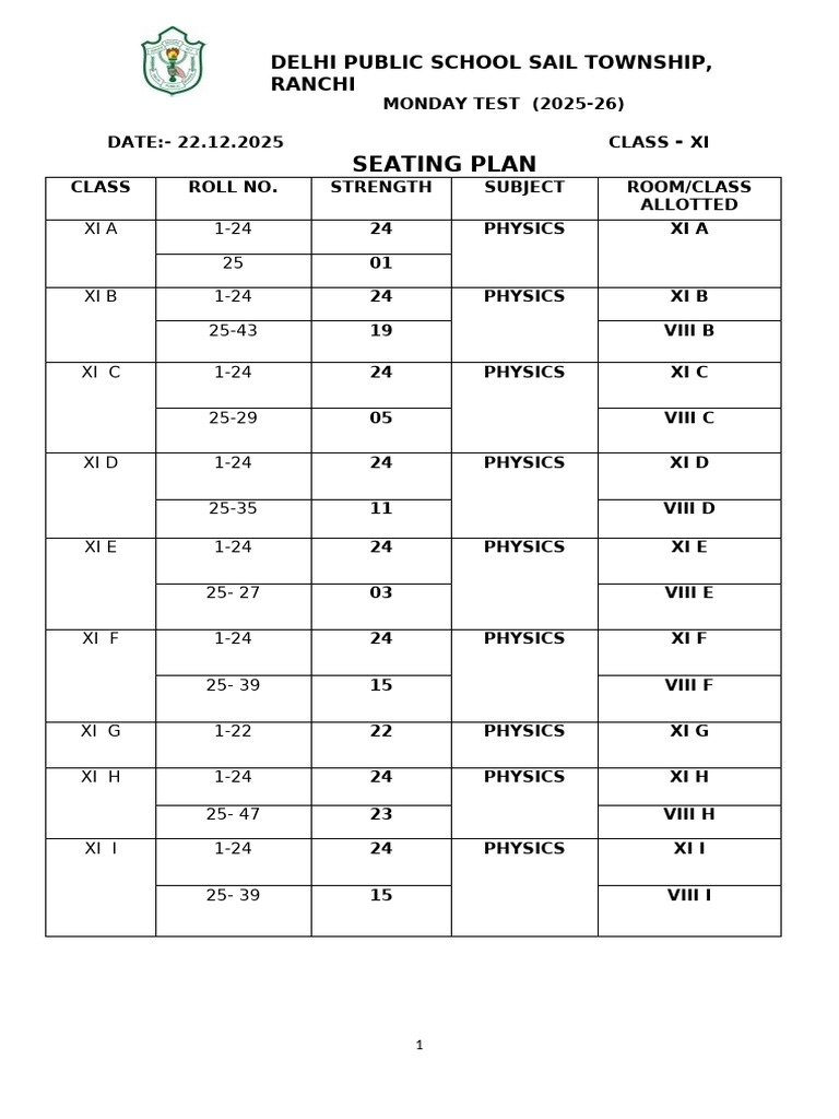 Delhi Public School Ranchi XI Test Seating Plan | PDF