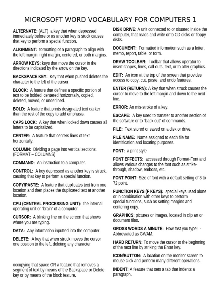 Microsoft Word Computer Vocabulary Guide | PDF | Computer Keyboard ...
