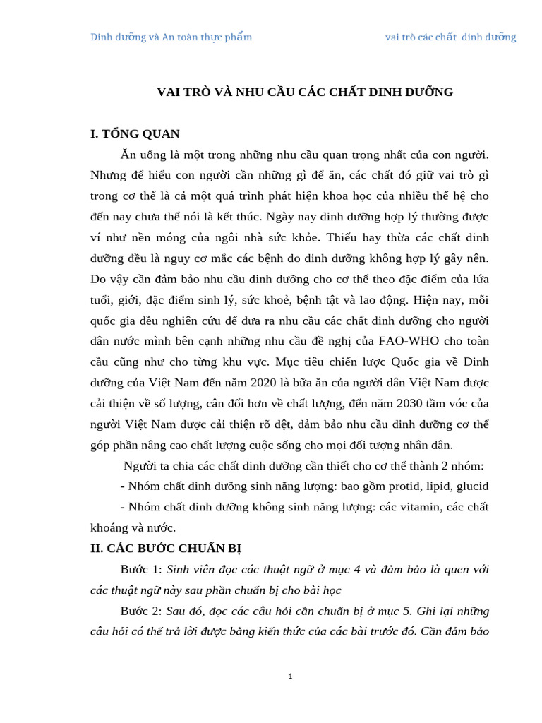 HDHT Vai trò và nhu cầu các chất dinh dưỡng | PDF