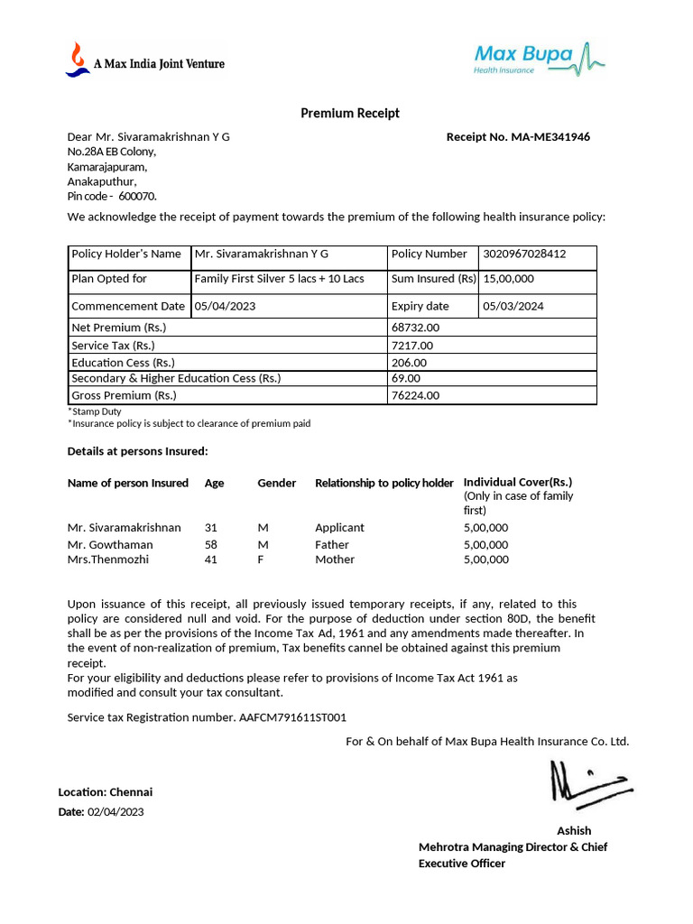 Health Insurance Premium Receipt | PDF | Taxes | Insurance