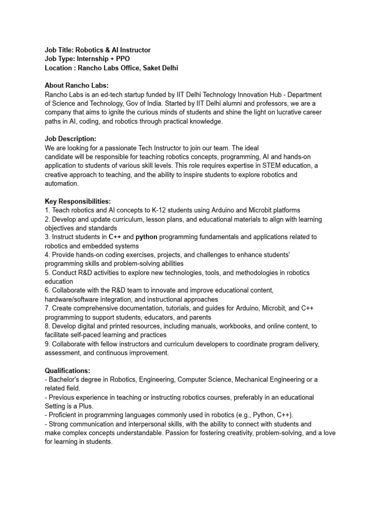 Robotics & AI Instructor Internship | PDF | Computer Programming | Robotics