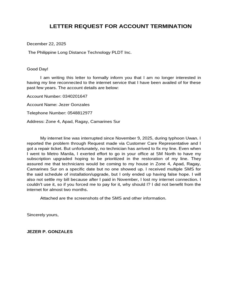 Account Termination Request Letter | PDF