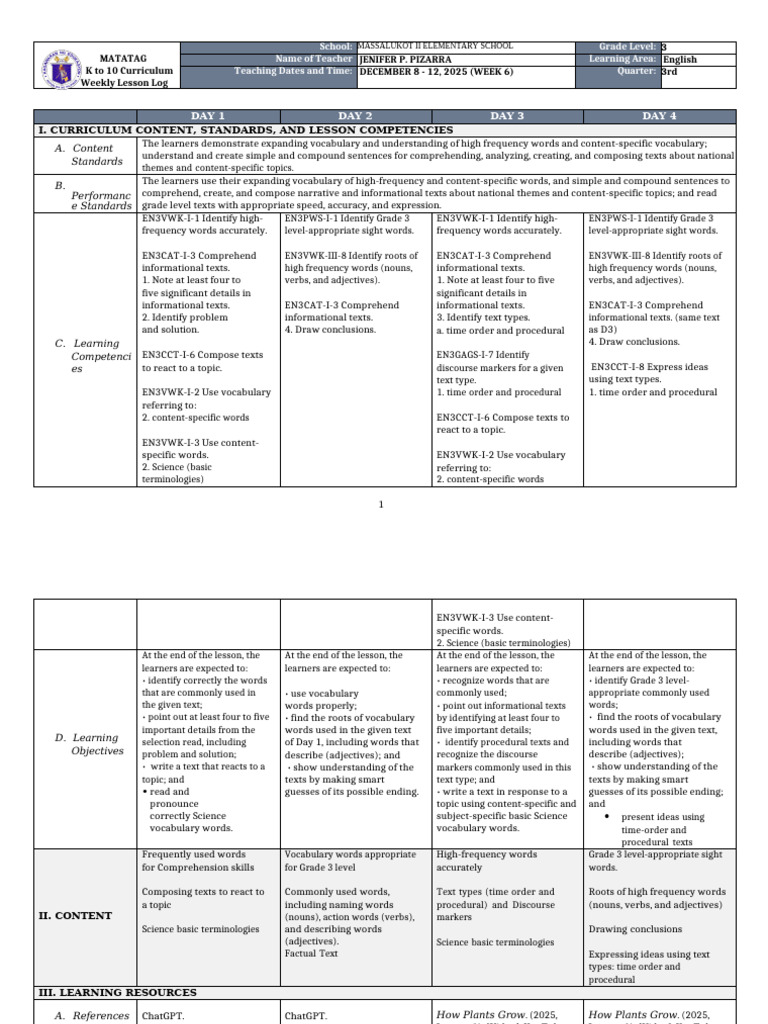 Grade 3 English Weekly Lesson Log | PDF | Vocabulary | Adjective