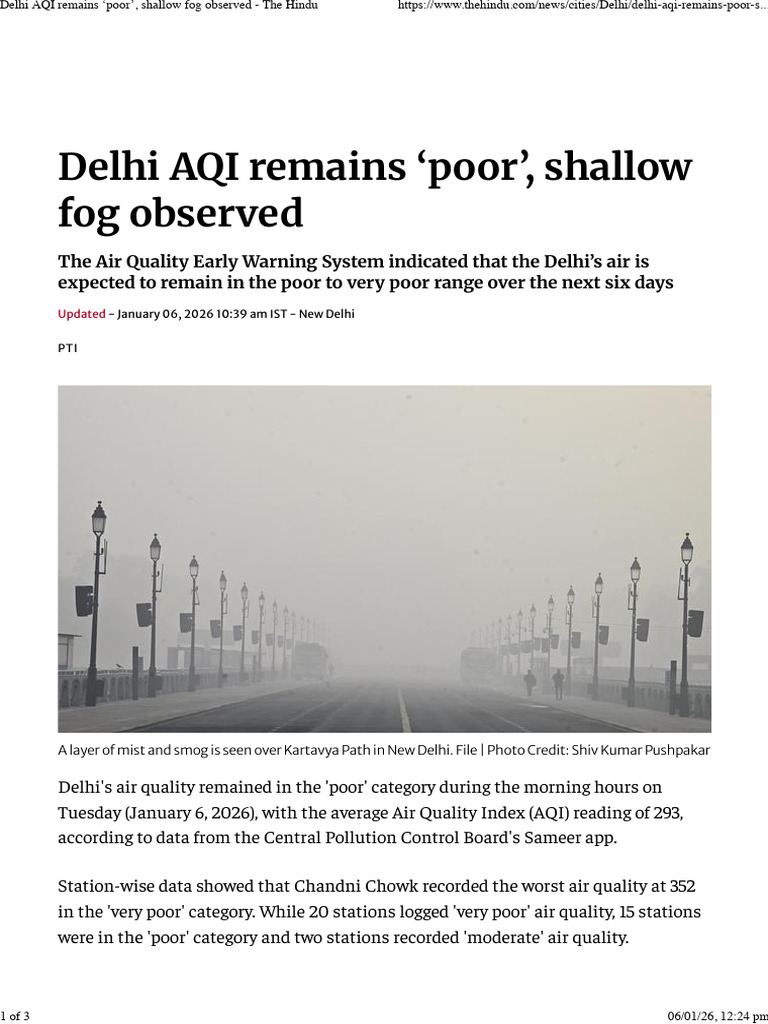 Delhi AQI Remains Poor', Shallow Fog Observed - The Hindu | PDF ...