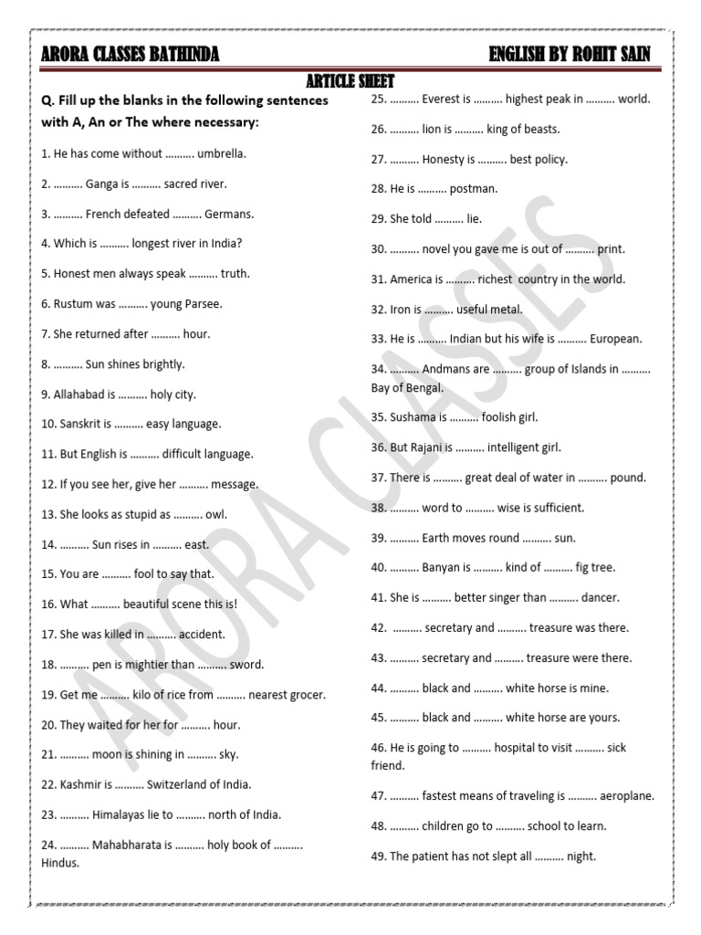 English Articles Exercise Sheet | PDF