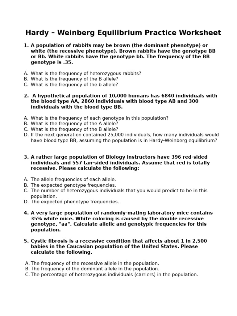 Hardy-Weinberg Equilibrium Practice Worksheet | PDF