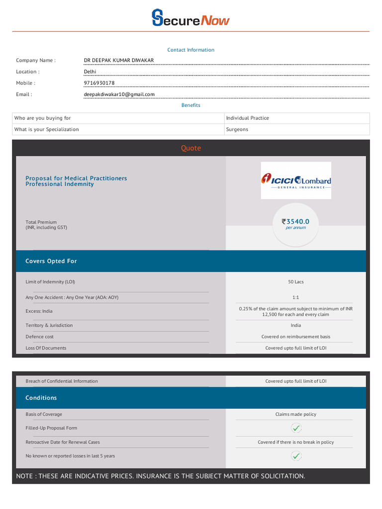 DR DEEPAK KUMAR DIWAKAR Doctor Professional Indemnity Quote | PDF ...