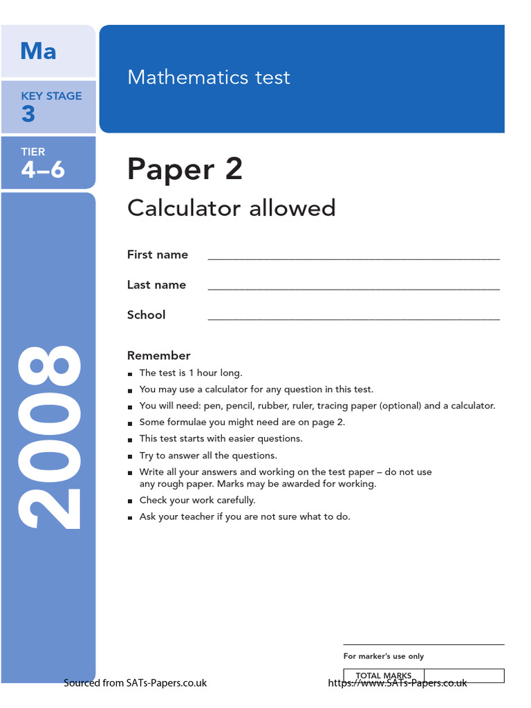 KS3 Mathematics Test Paper 2008 | PDF | Area | Triangle