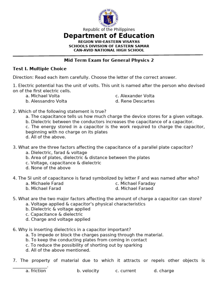 General Physics 2 Mid Term Exam | PDF | Capacitor | Capacitance