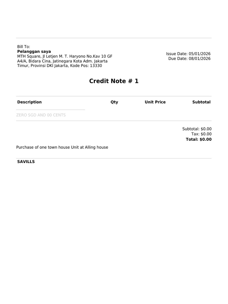 Zero Invoice for Townhouse Purchase | PDF