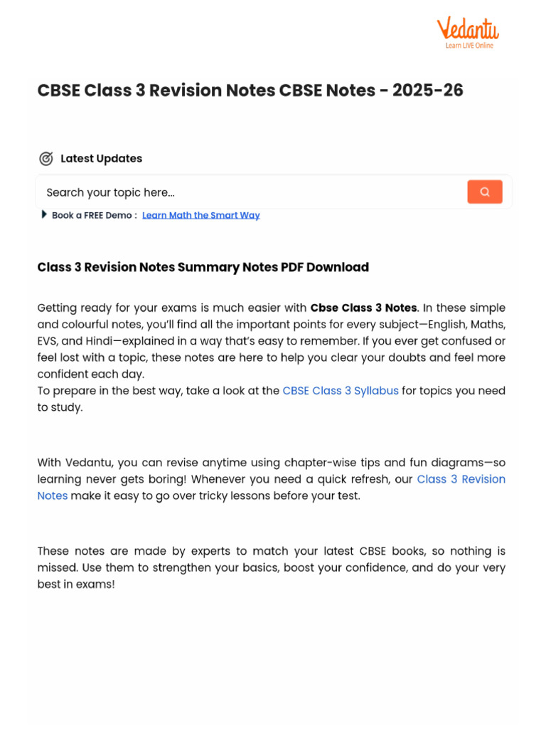 CBSE Class 3 Revision Notes CBSE Notes - 2025-26 | PDF