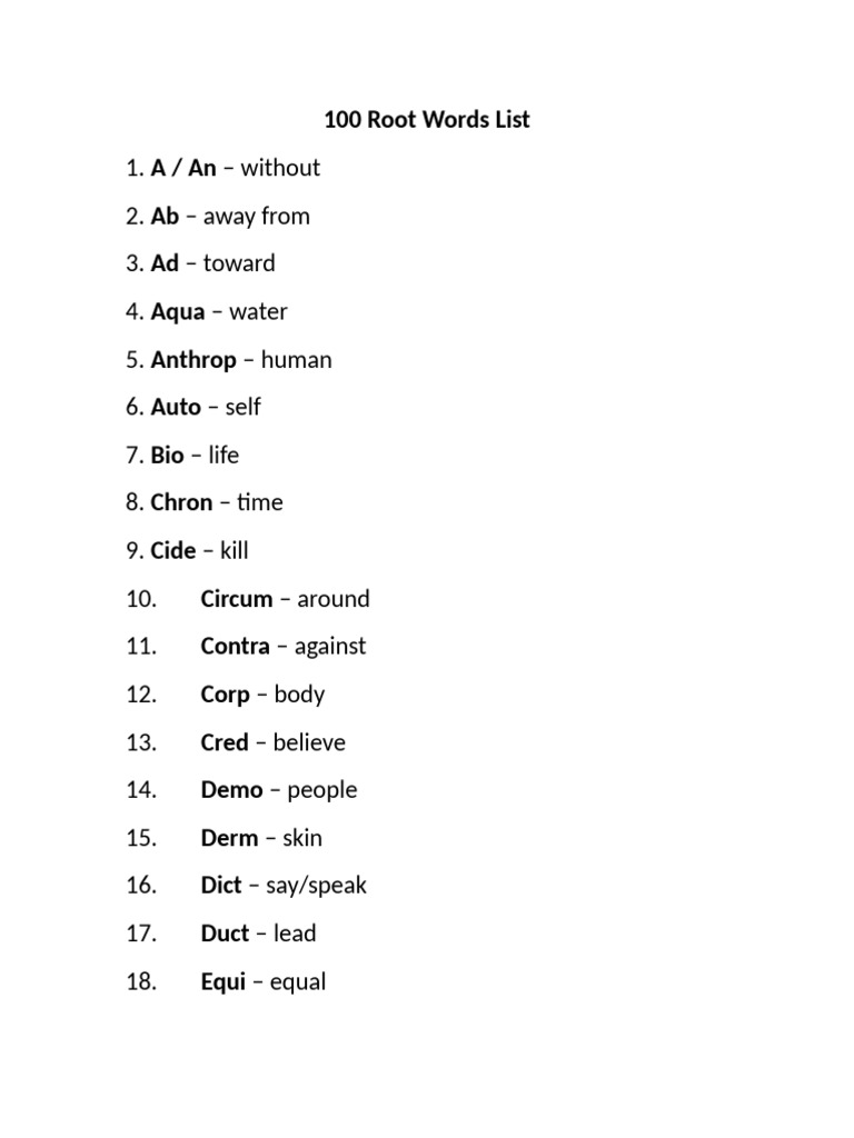 Essential 100 Root Words List | PDF