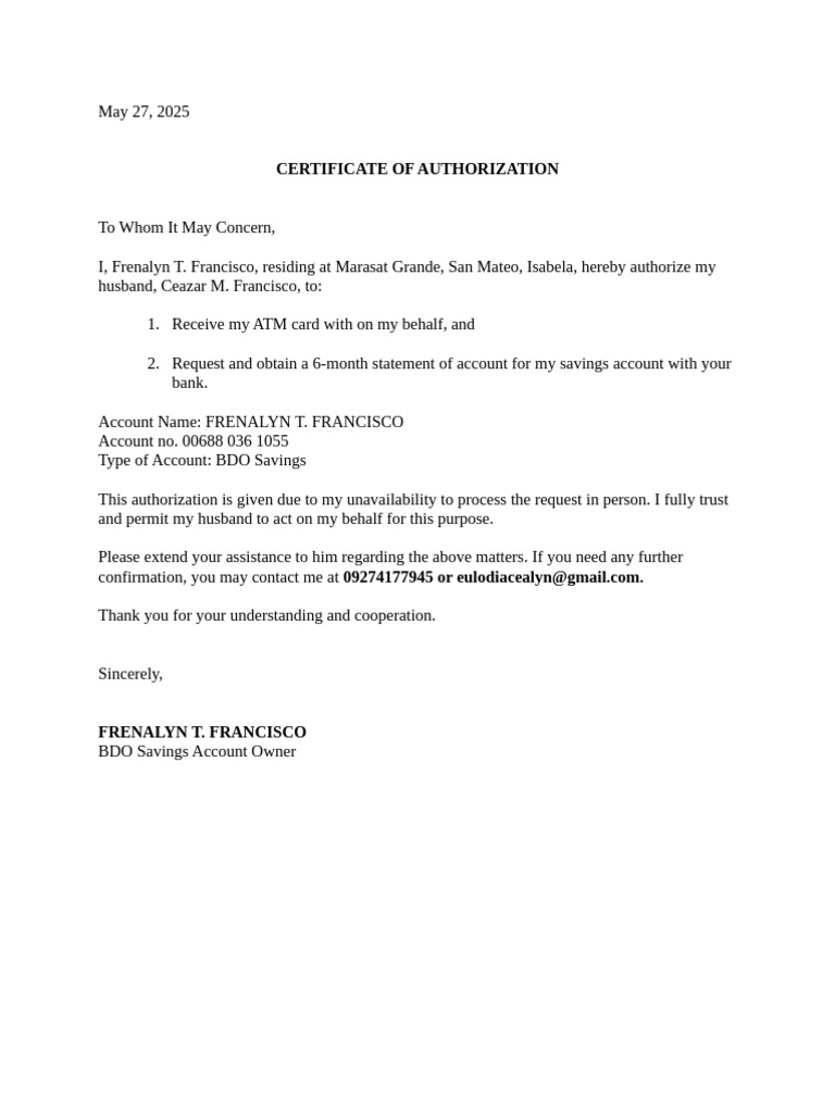Authorization for ATM Card and Statement | PDF
