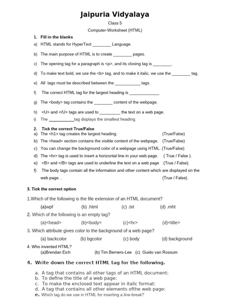 Class 5 HTML Computer Worksheet | PDF | Html | Computer File Formats