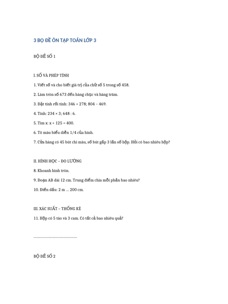 3 Bo de On Tap Toan Lop 3 | PDF