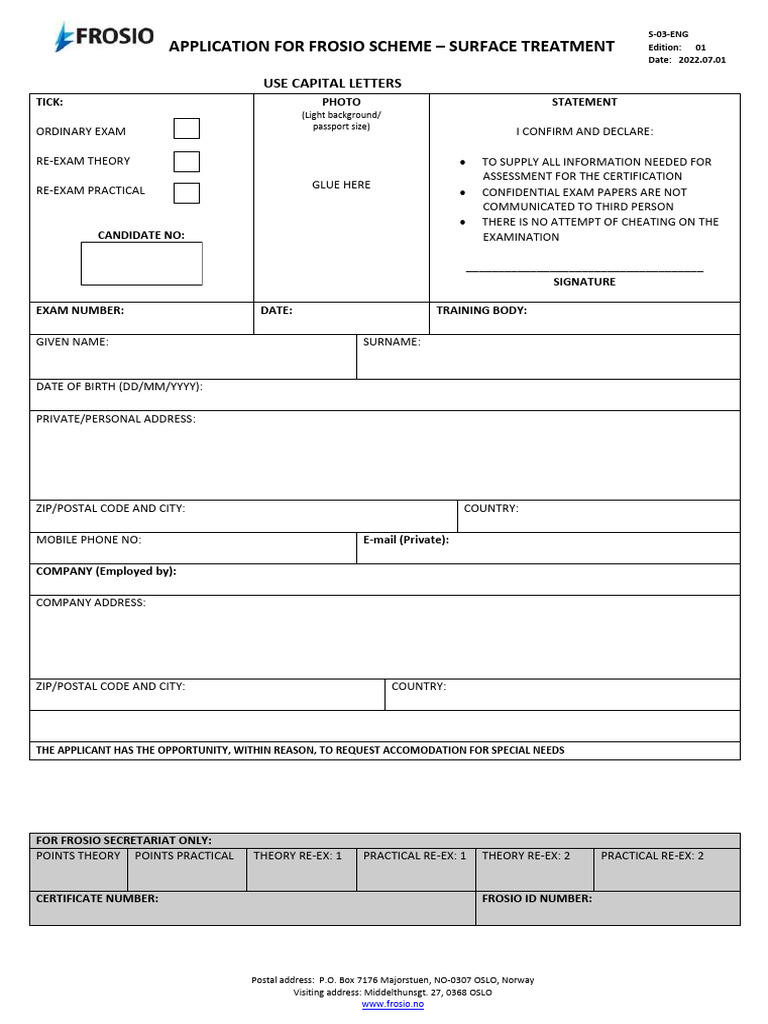 FROSIO Surface Treatment Application Form | PDF