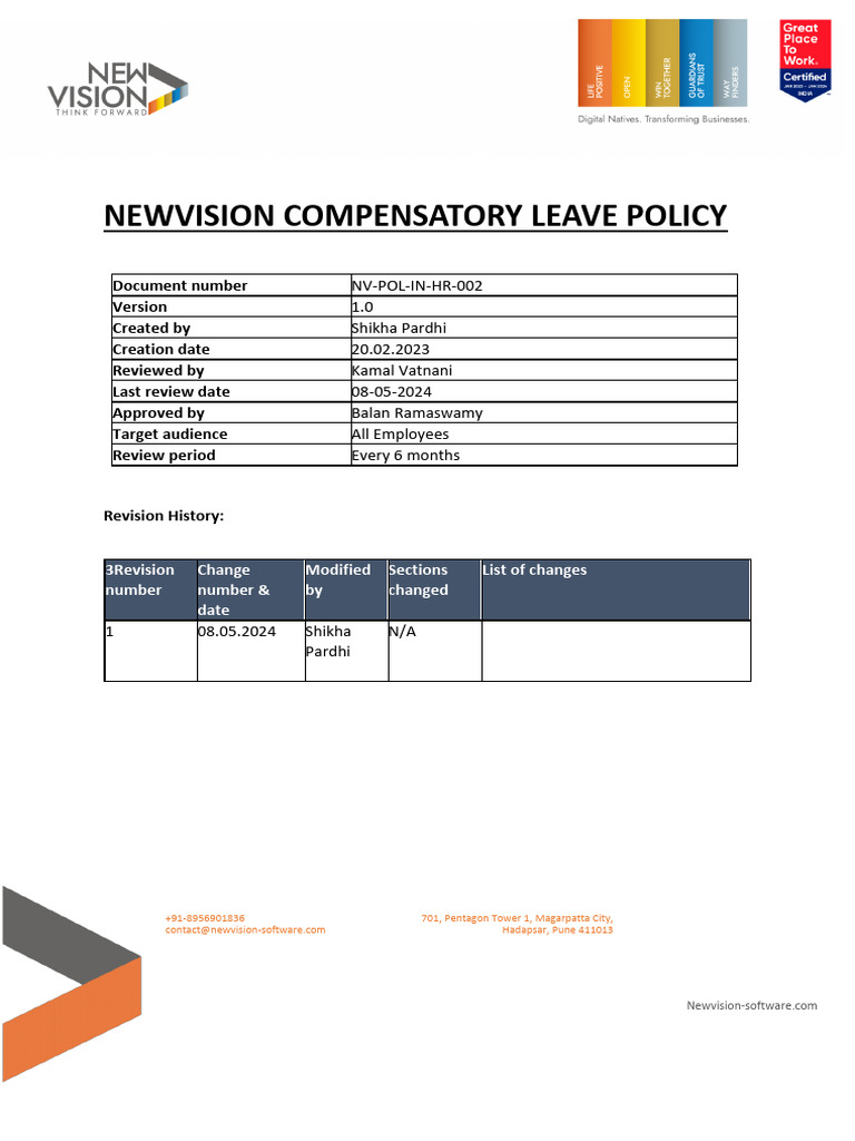 Newvision Compensatory Leave Policy | PDF