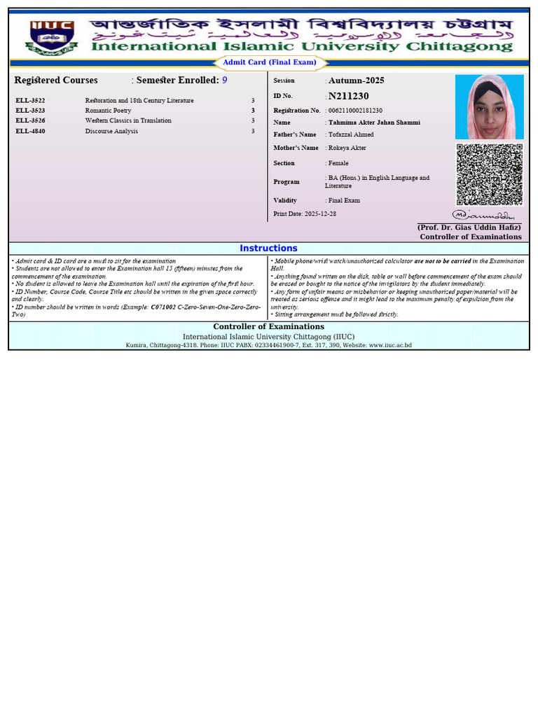 Final Exam Admit Card for BA English | PDF