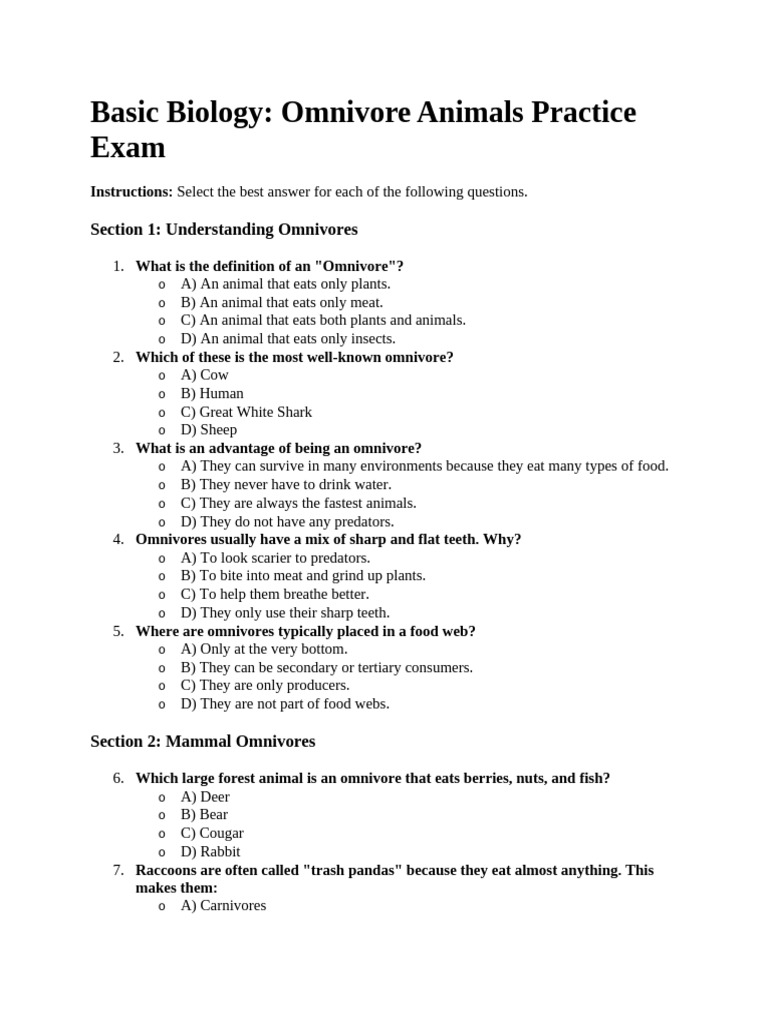 Basic Omnivore Animals Questions (20 Questions) | PDF | Organisms | Biology