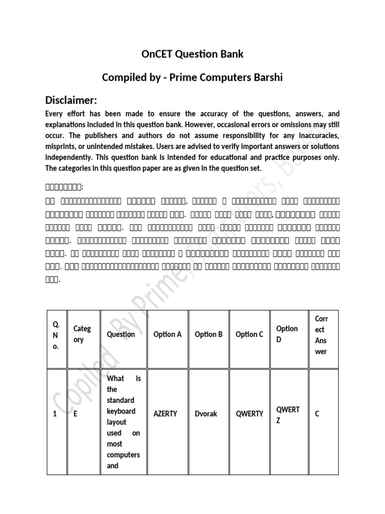 OnCET Question Bank Disclaimer | PDF | Paragraph | Computing