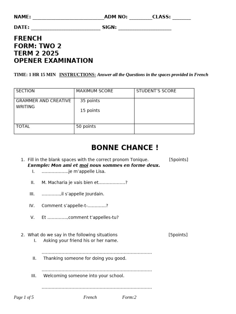 2025 French f2 Qs t2 Exam 1 Teacher.co .Ke | PDF | Chess Theory | Chess