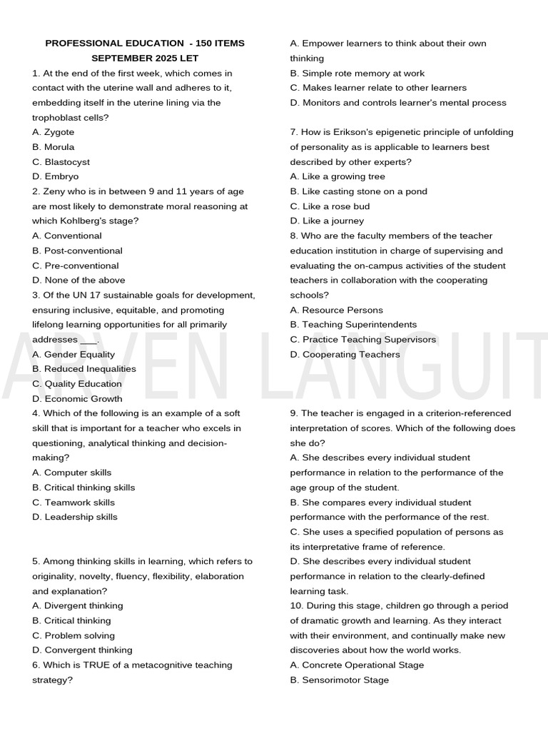 150 Professional Education Questions for LET | PDF | Educational ...