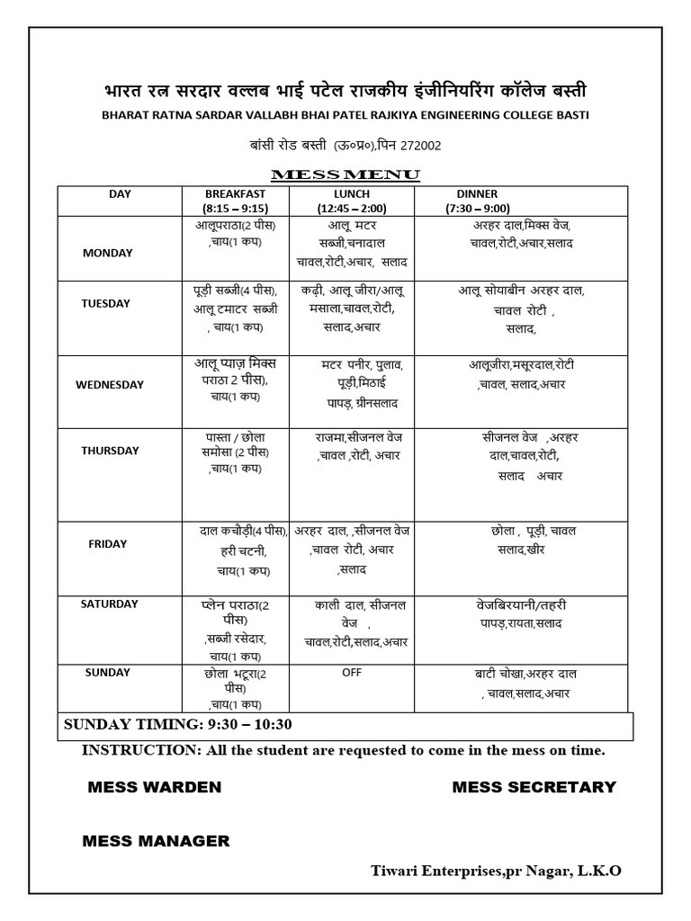 Mess Menu 1 | PDF