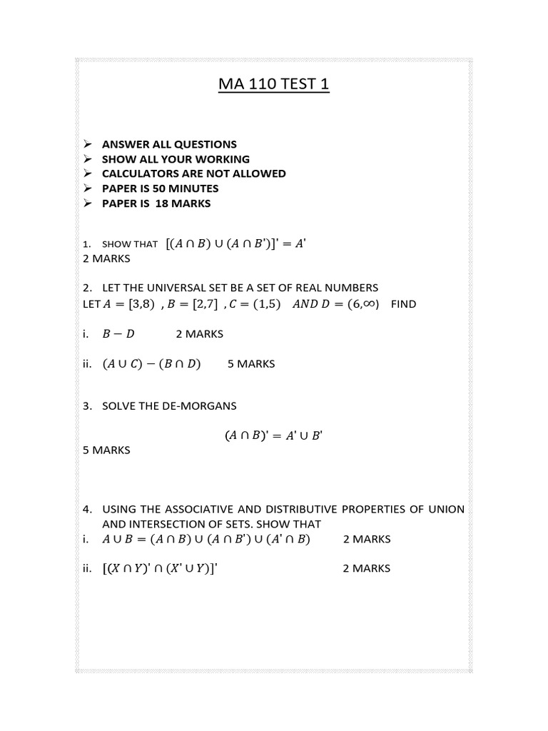 MA 110 Test 1: Set Theory Problems | PDF
