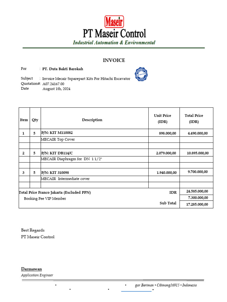 Invoice for Mecair Spare Parts | PDF