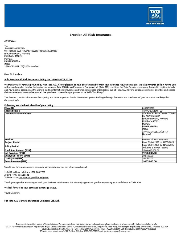 Erection All Risk Insurance Policy Details | PDF | Insurance | Indemnity