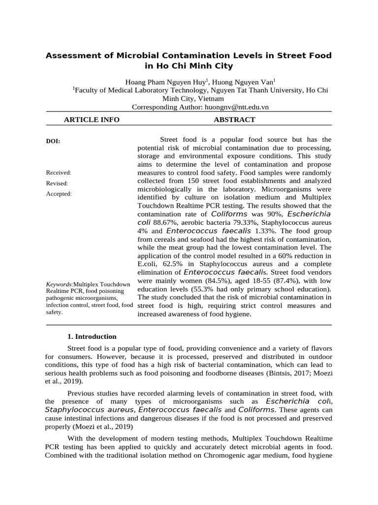 Assessment of Microbial Contamination Levels in Street Food in Ho Chi ...