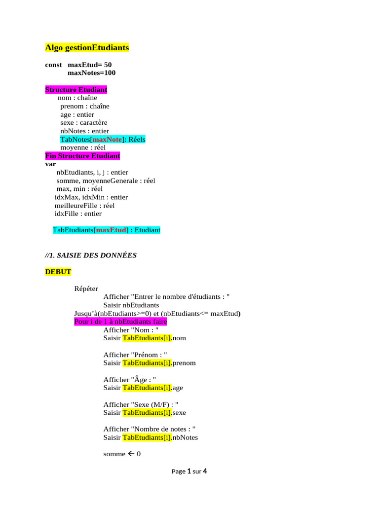 Gestion des étudiants et notes en Algorithme | PDF | Algorithmes ...