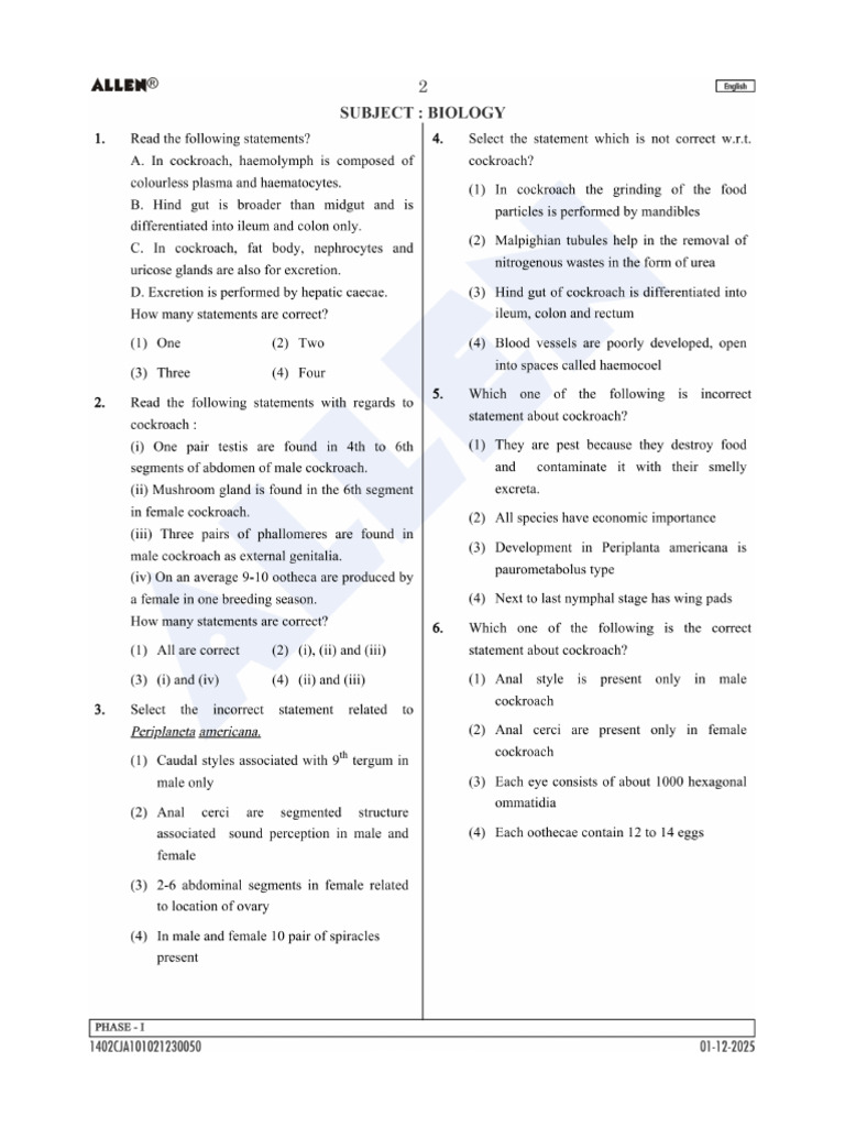 01 Class Test-01 Zoo (ZVP) | PDF