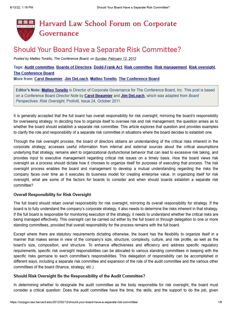 Should Your Board Have A Separate Risk Committee | PDF | Risk | Audit ...