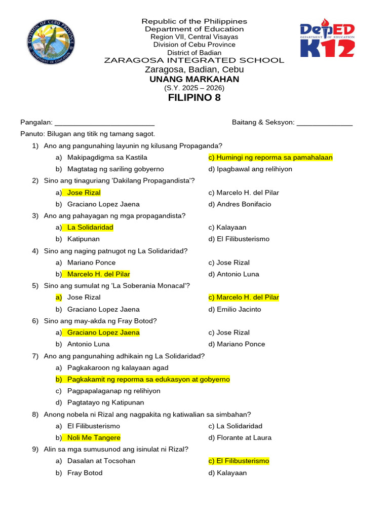 Q1 Filipino 8 Answer Key | PDF